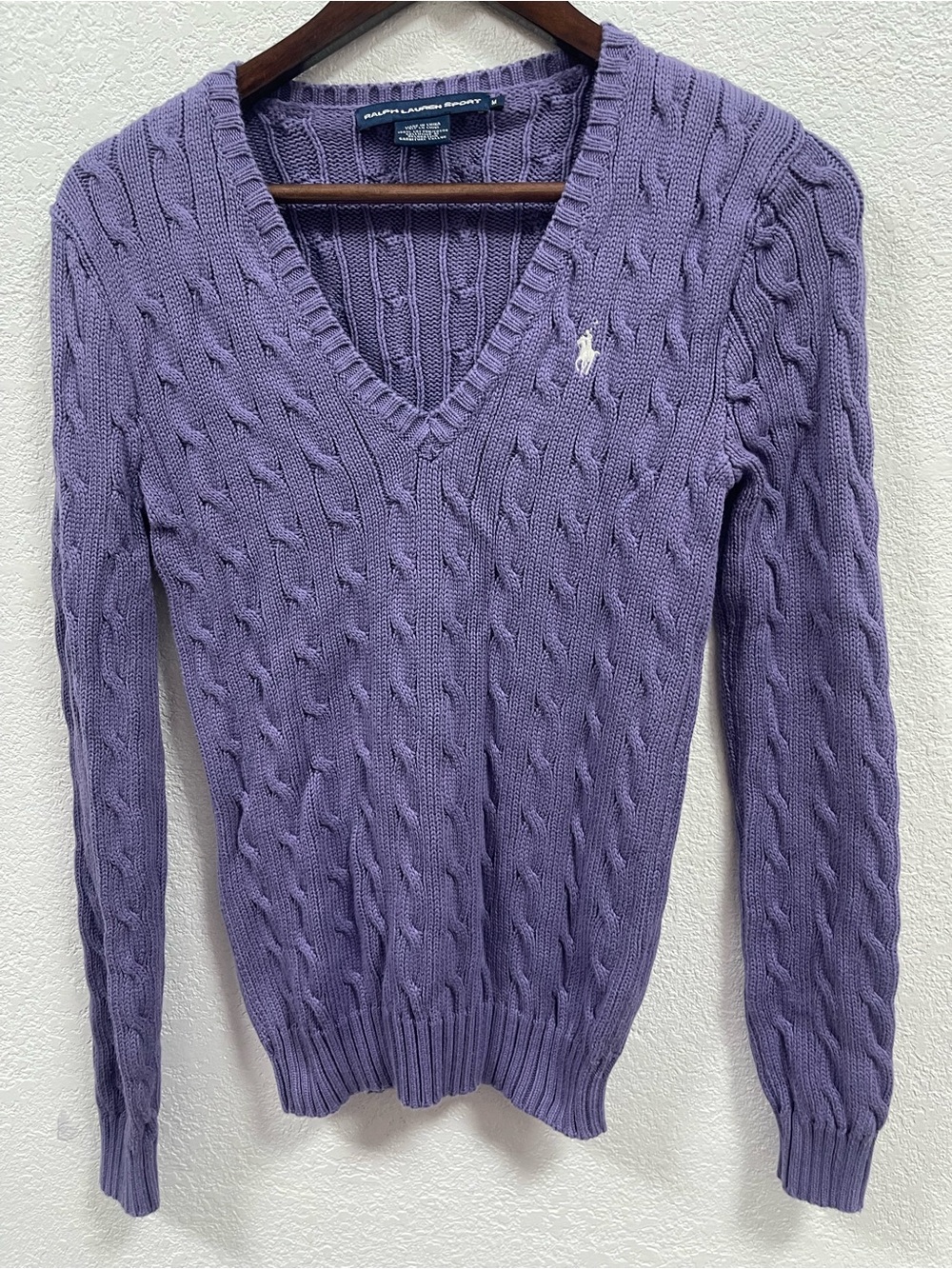 Vintage Ralph Lauren Sport Cable Knit Sweater Womens Medium Purple V-Neck Easter